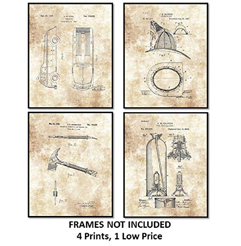 Fireman Truck, Hatchet, Fireman's Hat, Fire Extinguisher Artwork - Set of 4 8 x 10 Unframed Patent Prints - Great Gift for Firefighters and First Responders