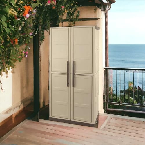 Dmora Armadio da Esterno Avelgem, Armadio Balcone Multiuso, Mobile Porta Scope 2 Ante, 100% Made in Italy, 70x47h178 cm, Beige e Marrone, Finitura Quadri