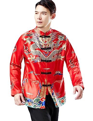 Ystylee Men Chinese Dragon Tang Suit Jacket Luxury Dragon Printed Satin Chinese Traditional New Year Holiday Clothing