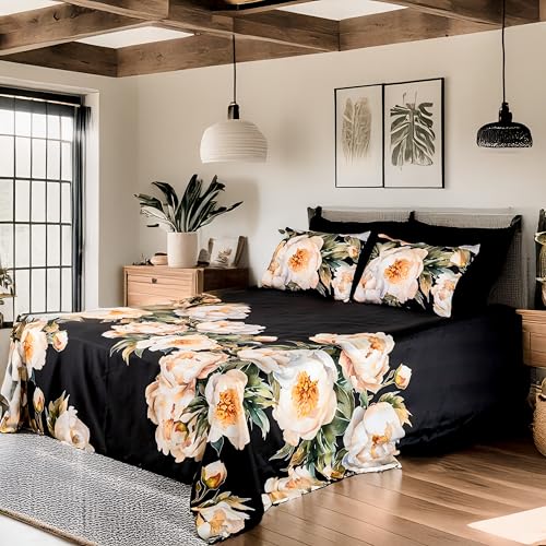 Image of Digitally Printed with Reactive Ink Tech | 300 TC 100% Organic Cotton Queen Premium Bedsheet Set | Ultra-Soft Satin-Like Finish | Floral Midnight Bloom