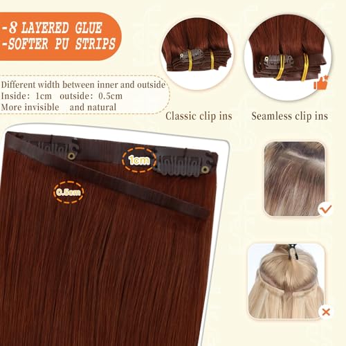 Image of Full Shine Seamless Clip in Hair Extensions Human Hair, Copper Mahogany | 24 Inch 120g 8 Pcs, PU Skin Invisible Weft, Ultra-Long Full Volume for Luxury Long Hair Styling, Adds Thickness, Secure Hold