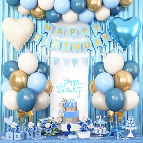 Image of Blue Birthday Decorations, Dusty Blue White Sand Gold Birthday Balloons Set