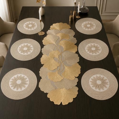 Image of Dakshya Industries PVC Waterproof Round Table Placemats & Table Runner Combo | 6 Round Mats (38 x 38 cm) + 1 Runner (91 x 33 cm) | Heat Resistant, Washable, Non Slip (Klassique)