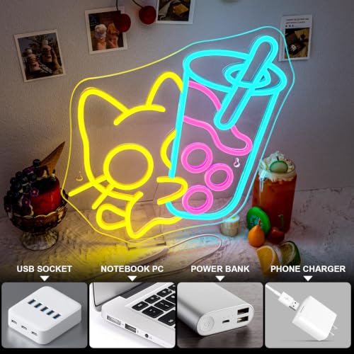 Image of Looklight Cat Boba Tea Neon Sign Yellow Cute Kitty Bubble Tea Neon Signs for Wall Decor LED Neon Light Bar Sign Light Up Signs for Dimsum Store Bar Milk Tea Shop