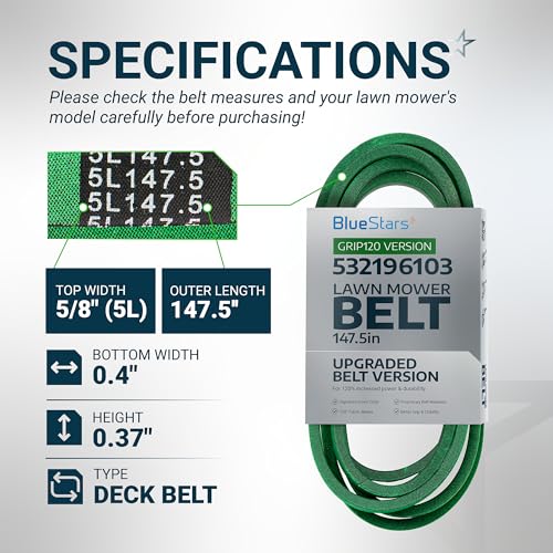 Image of [Upgraded Grip120] BlueStars 196103 Mower Deck Belt | Aramid Cord |147.5 inch