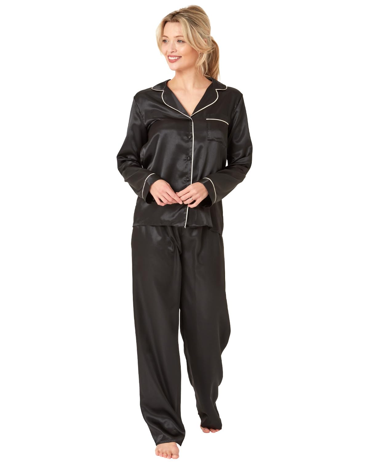Undercover Ladies Satin Long Pyjamas IN38396 Ebony Black 10-12