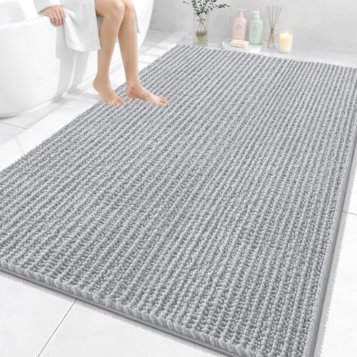 Image of OLANLY Bathroom Rug Mat 70x46, Thick Soft and Absorbent Chenille Bath Mat, Non-Slip Rubber Backing, Machine Washable Quick Dry Bath Rugs for Tub Shower Floor, Home Decor Accessories, Light Grey