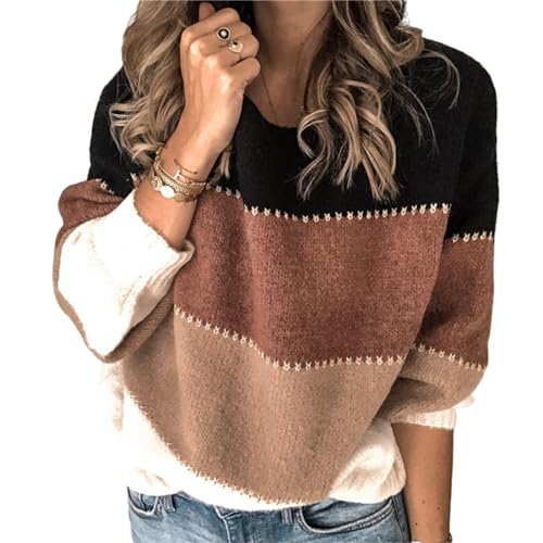 Women's Crewneck Striped Color Block Sweaters Casual Cable Knit Sweater Long Sleeve Loose Fit Fashion Pullover Tops