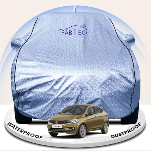 Image of FABTEC Metallic Silver Waterproof Car Body Cover for Tata Tigor Sun, UV and Dust Protection with Mirror and Antenna Pocket (Reflective Silver with Black Piping)