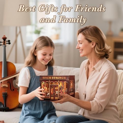 Image of CUTEBEE Book Nook Kit - DIY Dollhouse Miniature House Musical Room, 3D Wooden Puzzle & Music Style Miniature House Build Yourself, Book Library Gifts for Family and Friends (Bach Strings)