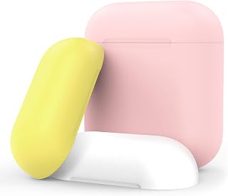 MoKo Skin Case Fit AirPods 1 & AirPods 2, Soft Split Design Silikon Case, Scratch Proof and Drop Proof Protective Cover Box with 3 Colorful Cap for AirPods Charging Case - Pink