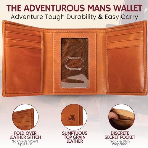 Image of BULL GUARD Trifold Wallet with RFID For Men, Genuine Real Leather - Top Grain Cowhide Tan, Durable & Compact Tri-Fold Design with Strong Stitching for Comfortable Pocket Fit, Secure Everyday Carry