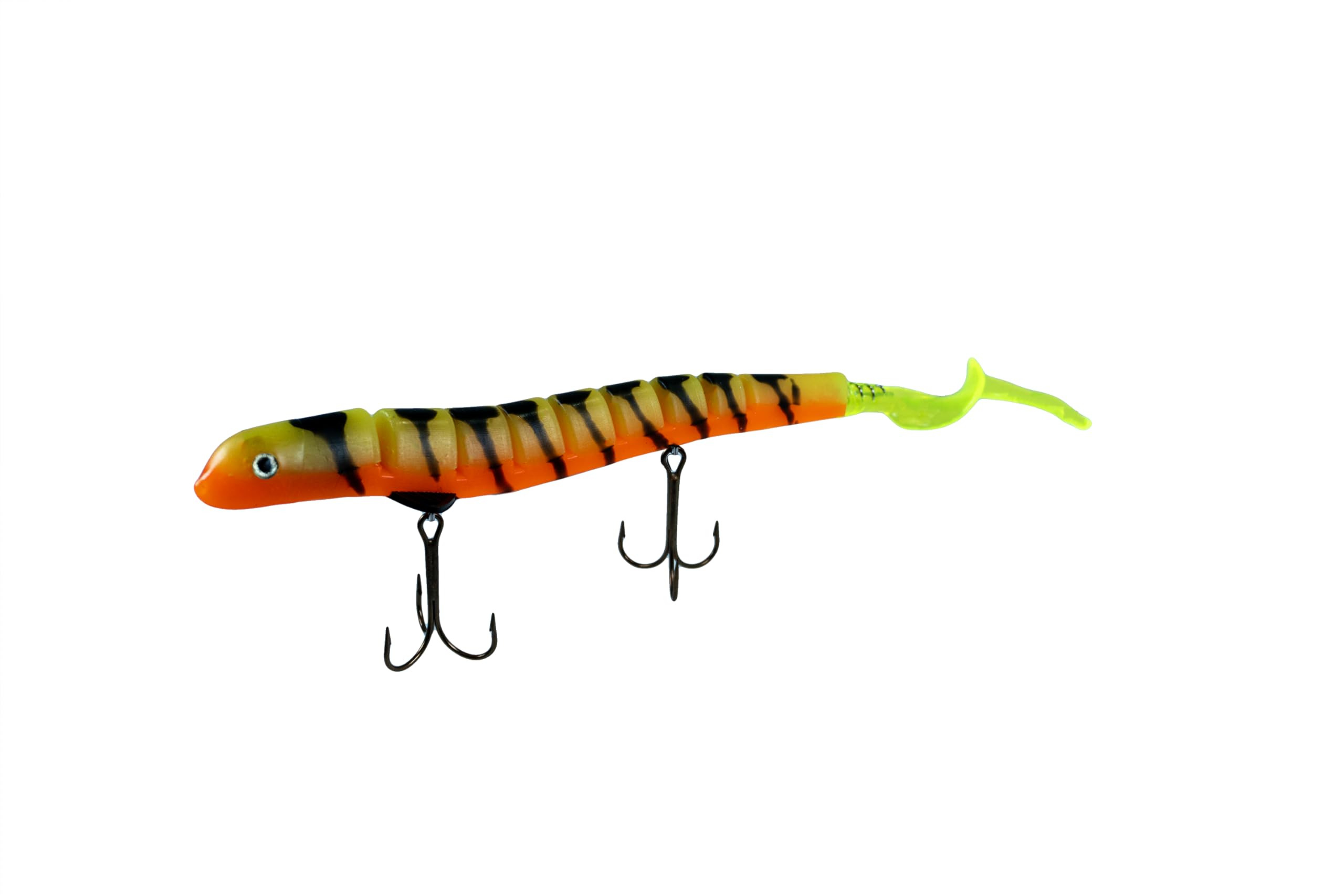 Delong Lures - Señuelos de pesca de bruja voladora para almizclado, lucio, almizcle, cebos segmentados de desgarro lento de agua dulce salada (tigre de fuego)