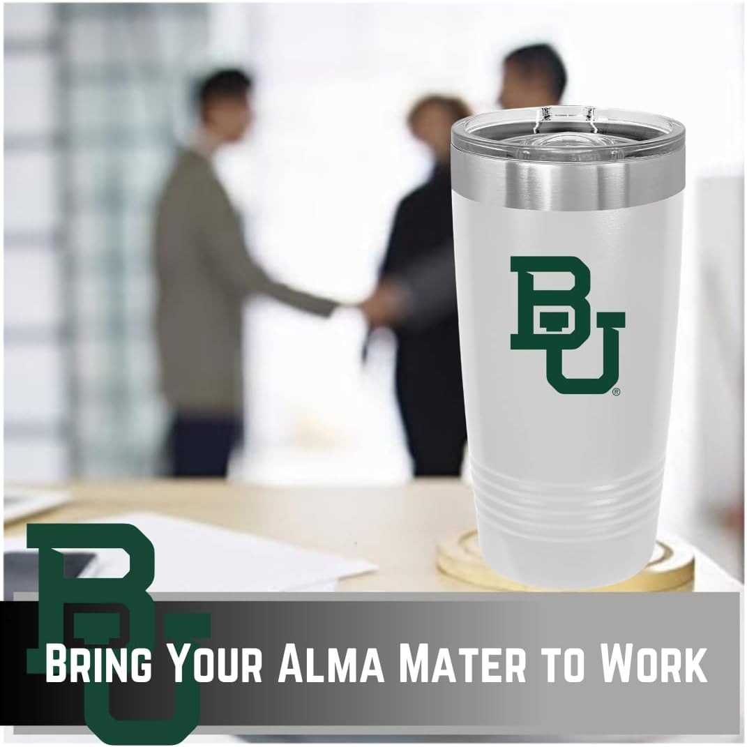 Game Day Outfitters Baylor University 20oz White Travel Tumbler- Stainless Steel Double Walled Beverage Tumbler with Acrylic Lid- Baylor Bears Drinkware For Office, Home, Auto, Campus