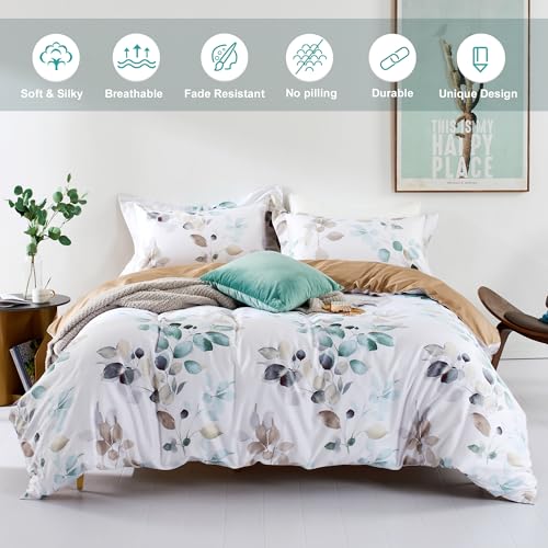 MILDLY Duvet Cover Set 100% Long-Staple Cotton Green Leaves Pattern Printed Comforter Cover 3pcs, Soft & Breathable Lightweigt Bedding Set