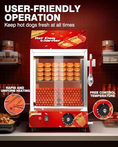 WantJoin Commercial Hot Dog Steamer, 2 Tiers Electric Hot Dog Steamer with Bun Warmer 27 L/24.52 QT, with Visuable Glass Slide Doors and Clip, suit for 175 Hot Dogs and 40 Buns, 1200W