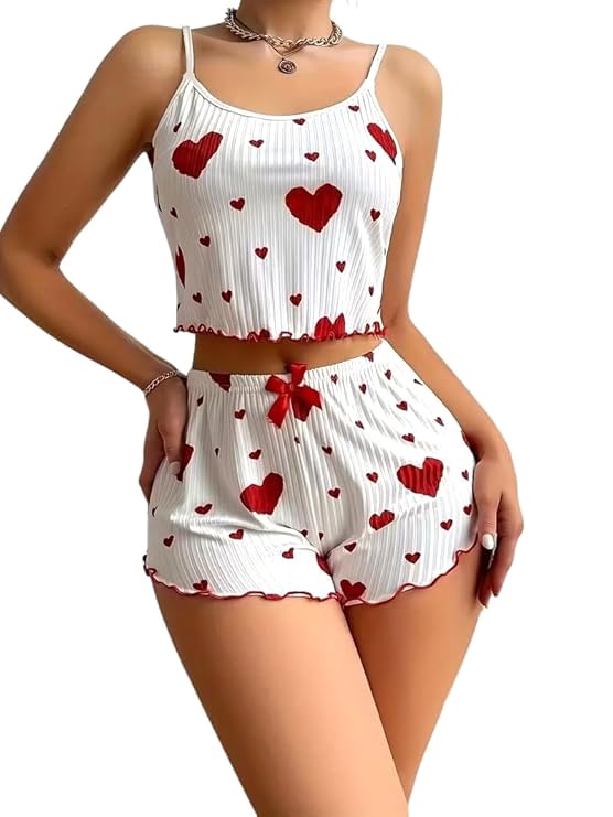 Women’s Heart Print Cami Shorts | Soft Ribbed Sleeveless Nightwear | Comfortable Two Piece Sleepwear Lounge Set (S - XXL)-image-27