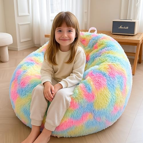 XeGe Kids Fluffy Faux Fur Bean Bag Chair Cover (No Filler), Soft Furry Stuffed Animal Storage Bean Bag Cover for Plush Toys, Shaggy Fuzzy Beanbag for Kids Teens Girls Children, Anti-Slip, Rainbow