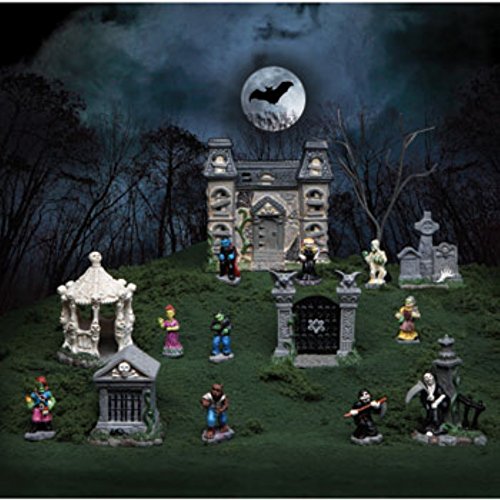 Tombstone Corners Mini Halloween Village Sets, 16 Pc. Polyresin Figurines (Gazebo, Graves, Gate, Grim Reaper, and Mausoleum)