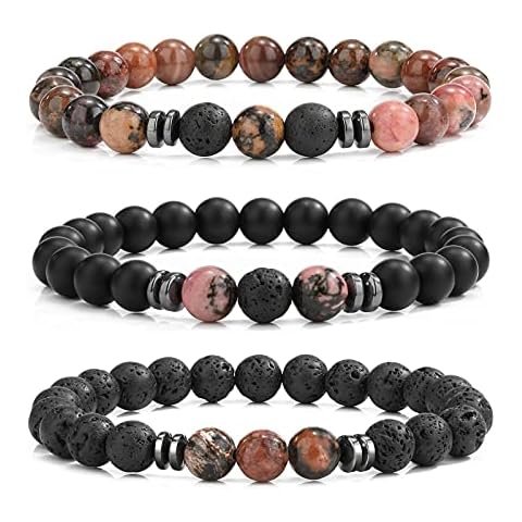 MengPa Beads Stretch Bracelets for Men Women Matte Natural Lava Rock Volcanic Stone Bracelet Rhodonite Cover