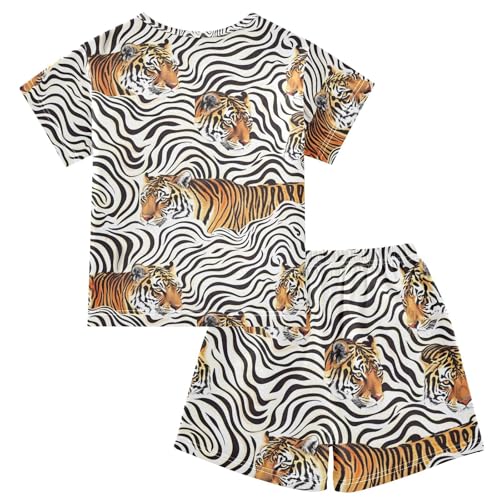 ALAZA Tiger Chevron Striped Pajamas Short Sleeve 2 Piece Sleepwear Top and Bottom Pajama Set Unisex2