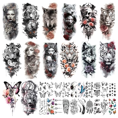 Image of MAYCREATE Temporary Tattoo for Men Women 34 Sheets Large Arm Band Tattoo Sticker, 3D Realistic Armband Tattoo, Body Half Sleeve Hand Tattoo for Women, Assorted Lion Wolf Tiger Skull Fake Tattoos