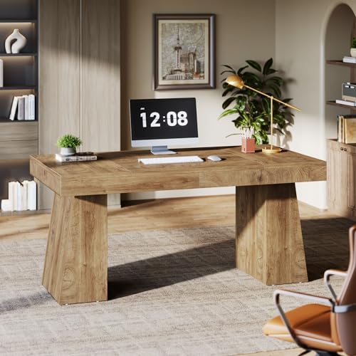Image of Tribesigns 55-Inch Executive Desk, Thick Wood Office Computer Desk with Double Pedestal, Modern Minimalist Workstations Writing Table Conference Table Furniture for Home Office, Brown