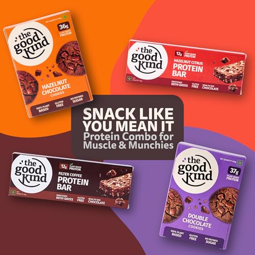 Image of The Good Kind Hazelnut Chocolate Cookies (1 pack), Double Chocolate Cookies (1 pack), Protein Bar (2 Pack)- 200gm, Almond Butter & Millet Flour, Perfect for Snacking, Gluten Free, Palm Oil free & Vegan ( Pack of 4 )