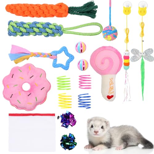 fooind 17 Pcs Ferret Toys Set Interactive Ferret Chew Toys Bell Balls Rubber Squeaker Teething Enrichment Pet Toys Cotton Rope Hanging Plush Toys Stuff Accessories Supplies