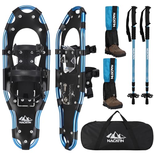 Kit di Racchette da Neve 4 in 1 per Uomini, Donne e Giovani, Racchette Leggere in Alluminio con Bastoncini da Trekking Regolabili, Ghette Impermeabili e Sacca per il Trasporto (Blu, 63cm)