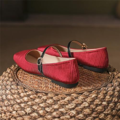 Stunner Women's Black Flats Fashion Square Toe Flat Shoes Soft Slip On Mary Jane Flats Wine red 38(7) 23