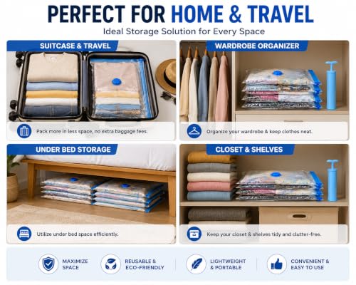 Image of Zollyss Vacuum Storage Bags for Clothes with Hand Pump | Reusable Space Saver Bags for Travel & Wardrobe Storage | Airtight Compression Bags for Blankets, Clothes & Bedding (Pack of 5)