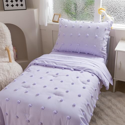 Image of Caressma 5 Pieces Tufted Comforter Set Bed-in-a-Bag for Kids with Lovely Purple Pompom On The Comforter.Includes Comforter,Fitted Sheet,Flat Sheet,Pillow Case & Pillow Shame for All Seasons