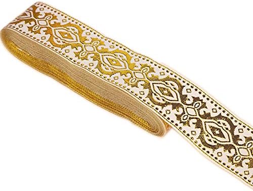 MSCFTFB Ethnic Designs Jacquard Ribbon Woven Fabric Ribbons Fabric Trim Fringe for Apparel Accessories Embellishment Straps Belts Collars DIY Fabric Craft Width 1.3in by 7.6yards (White+Metallic Gold)