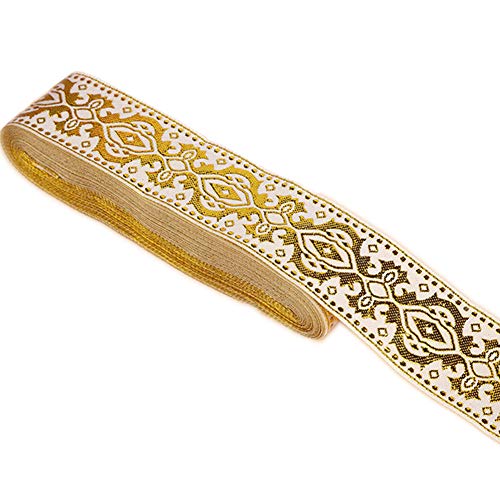 MSCFTFB Ethnic Designs Jacquard Ribbon Woven Fabric Trim Fringe for Apparel Accessories Embellishment Straps Belts Collars DIY Craft Width 1.3in by 7.6yards (White+Metallic Gold)