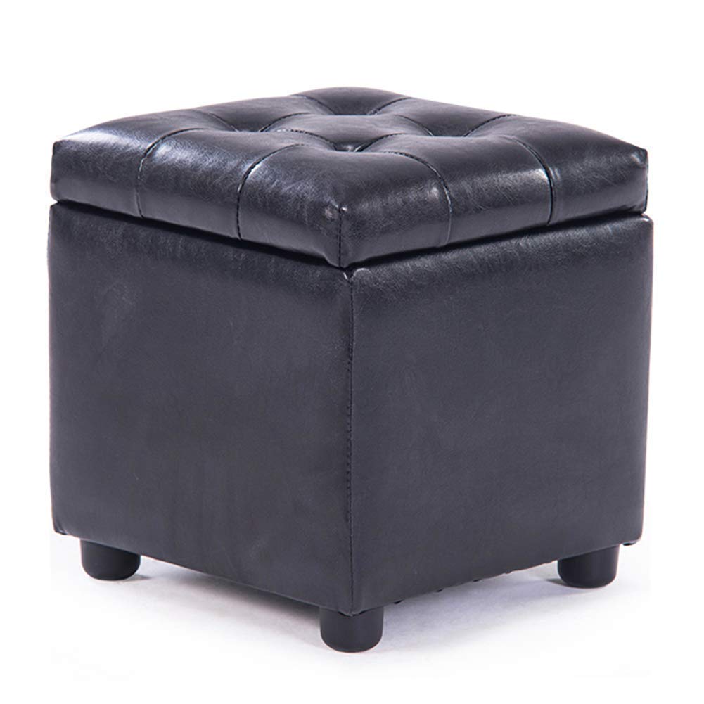 Pouf en bois massif carré et cuir noir pour un salon contemporain