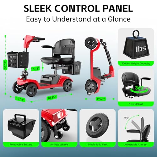 Image of Mobility Scooter for Seniors,Motorized Scooter,Electric Scooter for Adults 300 lbs,Detachable Battery,Dual Baskets and Rear Tail Lights(Red)