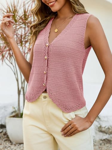Image of Saodimallsu Womens Crochet Tank Tops Cute Summer Sweater Vest Knit Outfits | Trendy Casual,Sleeveless,V Neck,Cropped,Button Down,Boho,Going Out,Casual Daily Wear, Beach Vacation