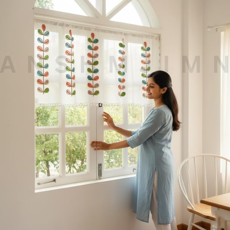 Image of Short Window Curtain for Kitchen, Living Room, Cafe, Restaurant & Home Decor | Elegant Half Window Valance | Length - 24 Inch, Width - 42 Inch (Multiple Color Leaf, Small)