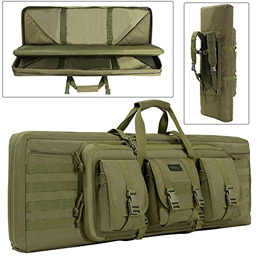 Double Long Rifle Bag,42 Inch Padded Lockable Carbine or Long Gun Case, Multi-Function Gun Bag Quick release buckle built-in backpack straps for Shooting Range Sports and Transport (Military Green)
