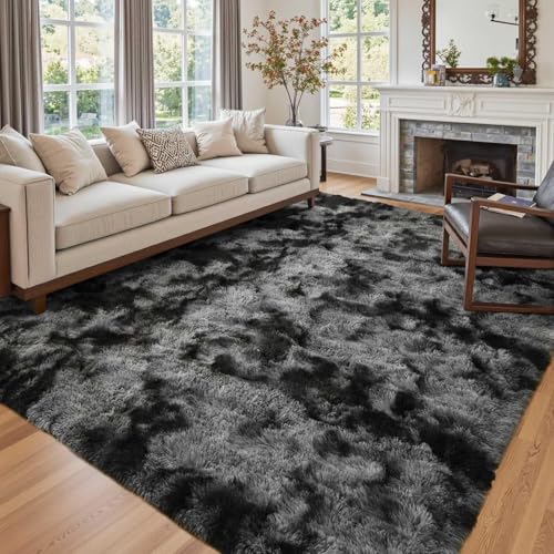 5x7 Ft Large Shag Rugs for Bedroom Living Room Decor for Men Boys, Tie Dyed Ultra Soft Fluffy Furry Area Rug for Indoor Floor, Aesthetic Carpet for Home Decor (Dark Grey)