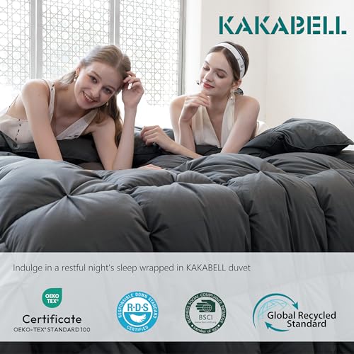 Image of KAKABELL Pinch Pleat Goose Down Feathers Fiber Comforter King Size All Season-Ultra Soft and Cozy Noiseless Duvet Insert with Egyptian Cotton Blend Cover,Fluffy Warm Comforter Insert(Grey,90 inchX106 inch)