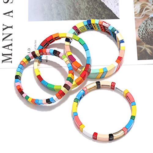 Colorful Enamel Tile Bracelet For Women Rainbow Color-Block Tile Beaded Strand Bracelet Colorful Enameled Stretch Bracelet Bohemian Tile Bangle Bracelet Set For Men (Rainbow Candy Style) #TOP1