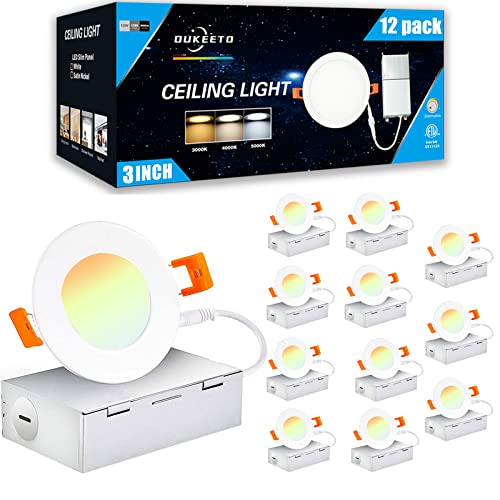 OUKEETO 3 Inch Led Recessed Light - 3000K/ 4000K/ 5000K 3 Color Selectable 6W=45W 450Lm Ultra-Thin Dimmable Downlight Wafer Ceiling Light with Junction Box - ETL and Energy Star Certified(12 Pack)