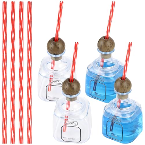 Calolin 4 Pcs Mini Tequila Bottles Empty for Drinks 12.7 oz Reusable Plastic Drinking Bottles with Wood Grain Stoppers and Straws Portable Travel Size for Parties and DIY Beverages