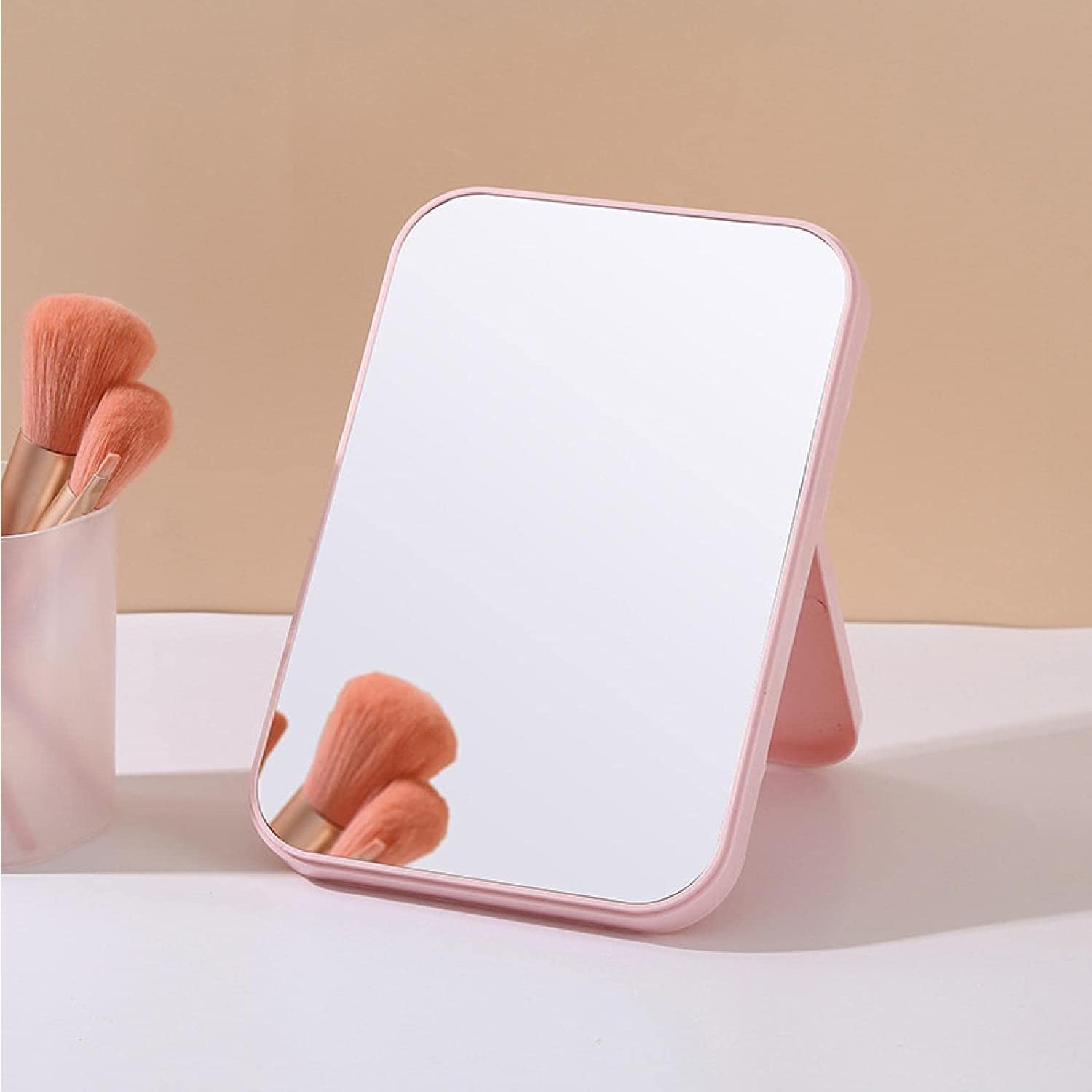 Table Desk Simple Design Vanity Makeup Mirror, Portable Folding Mirror with Stand 90°Adjustable Rotation, Travel Make Up Mirror, Makeup Mirror for Shower Shaving (Light Pink)-image-43