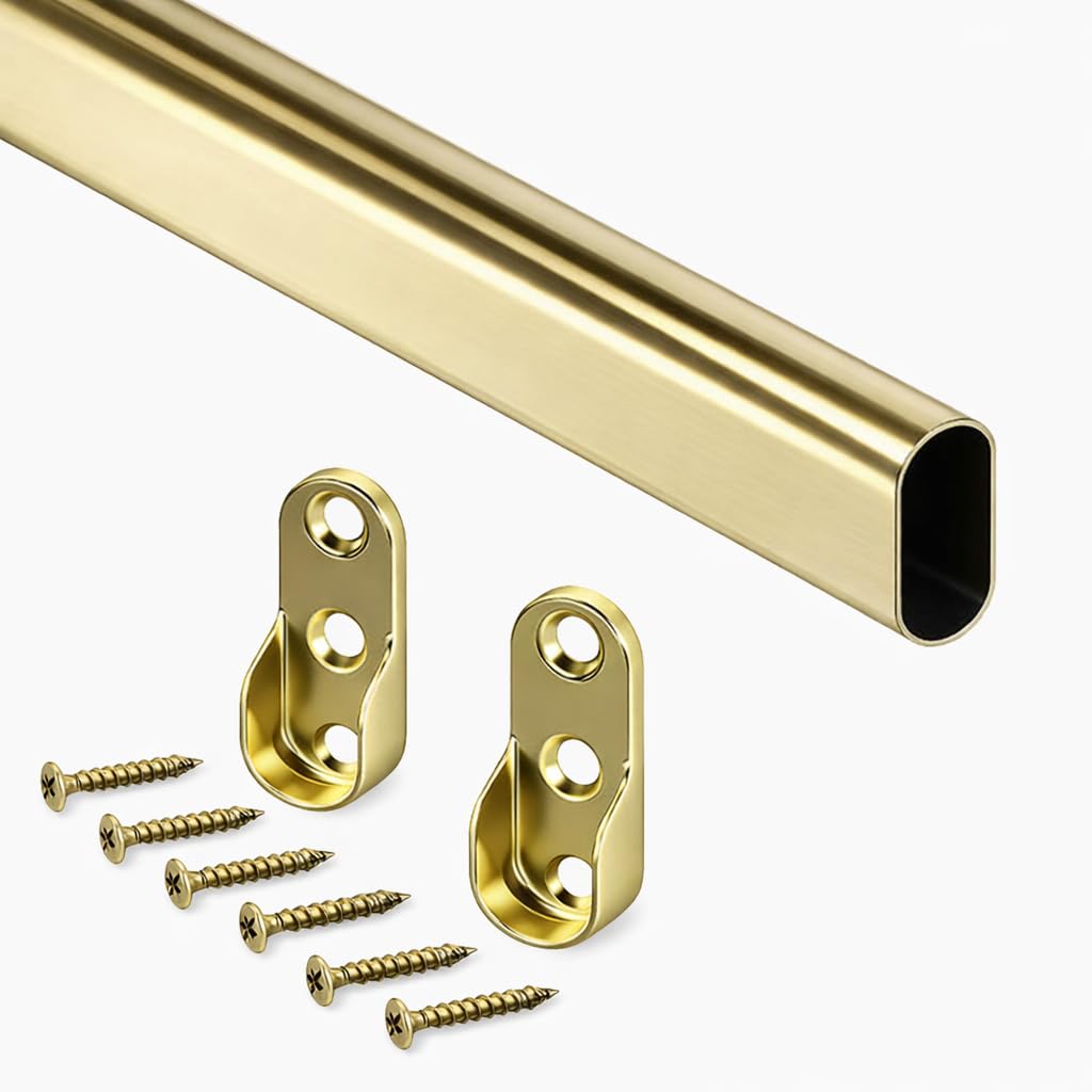 Oval Wardrobe Rail 30x15mm | 1000mm or 500mm | Brass or Chrome Steel | With End Sockets & Screws | Cut to Size | For Wardrobes, Closets, Cupboards & Storage (Brass Plated, 500mm)