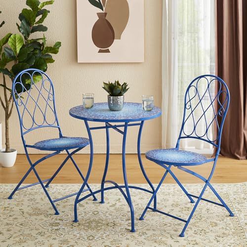Glitzhome 3 Pieces Metal Folding Patio Bistro Set,Mosaic Patio Table with 2 Folding Chairs,with Ceramic Tile Top,Indoor Outdoor Round Dining Table Chairs Furniture Set for Yard Porch Poolside,Blue