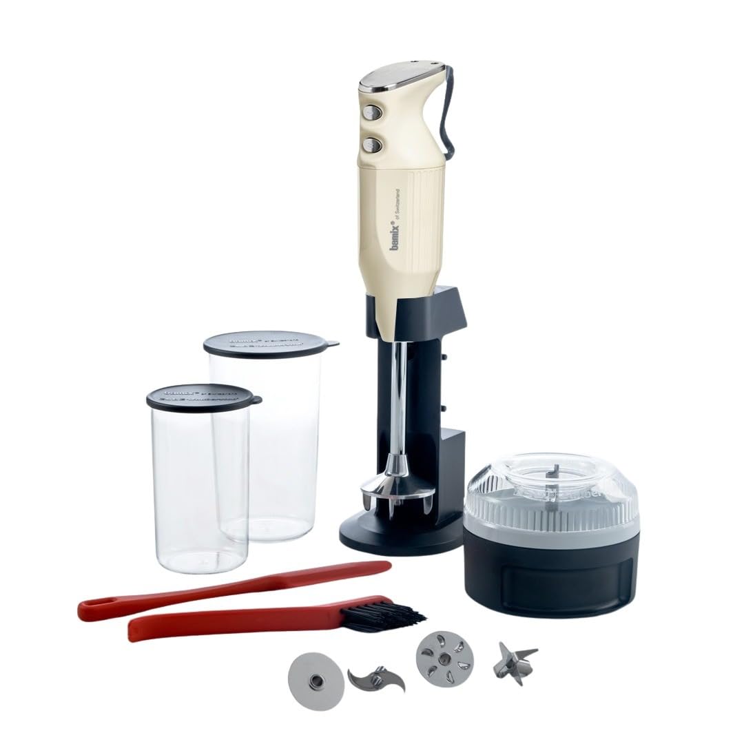 bamix M350 MAXX - Set frullatore a immersione con supporto, 2 bicchieri, 4 attrezzi, processore, spatola, spazzola per la pulizia, 300 Watt, prodotto in Svizzera, avorio/cromo
