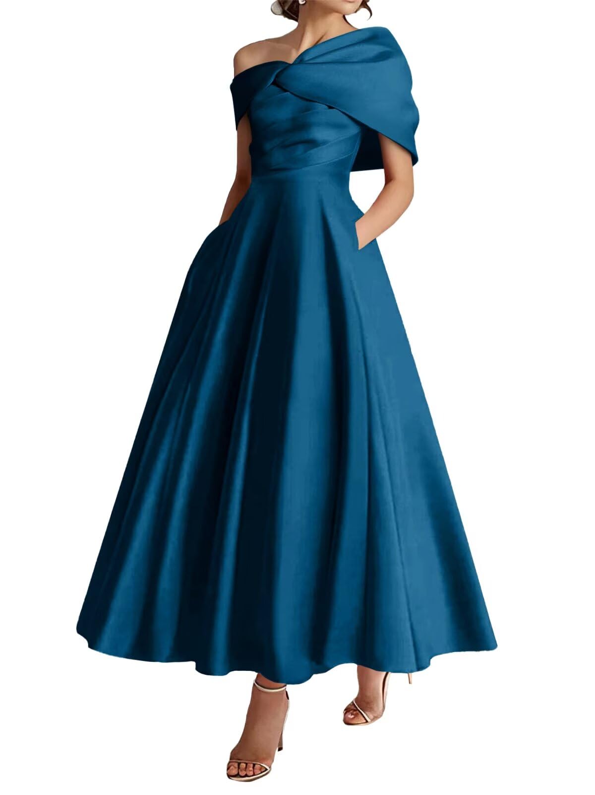 Gekaioe One Shoulder Satin Mother of The Bride Dresses A-Line Pleated Tea Length Wedding Guest Dress with Bow